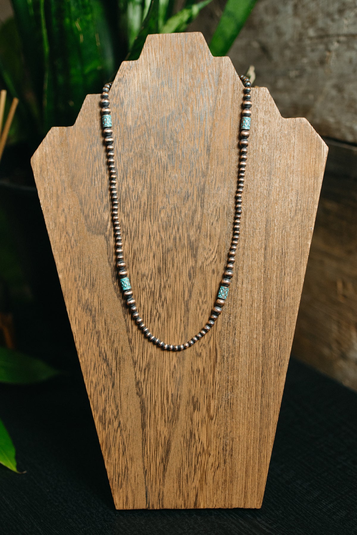 Copper Necklace with Patina Barrel Beads
