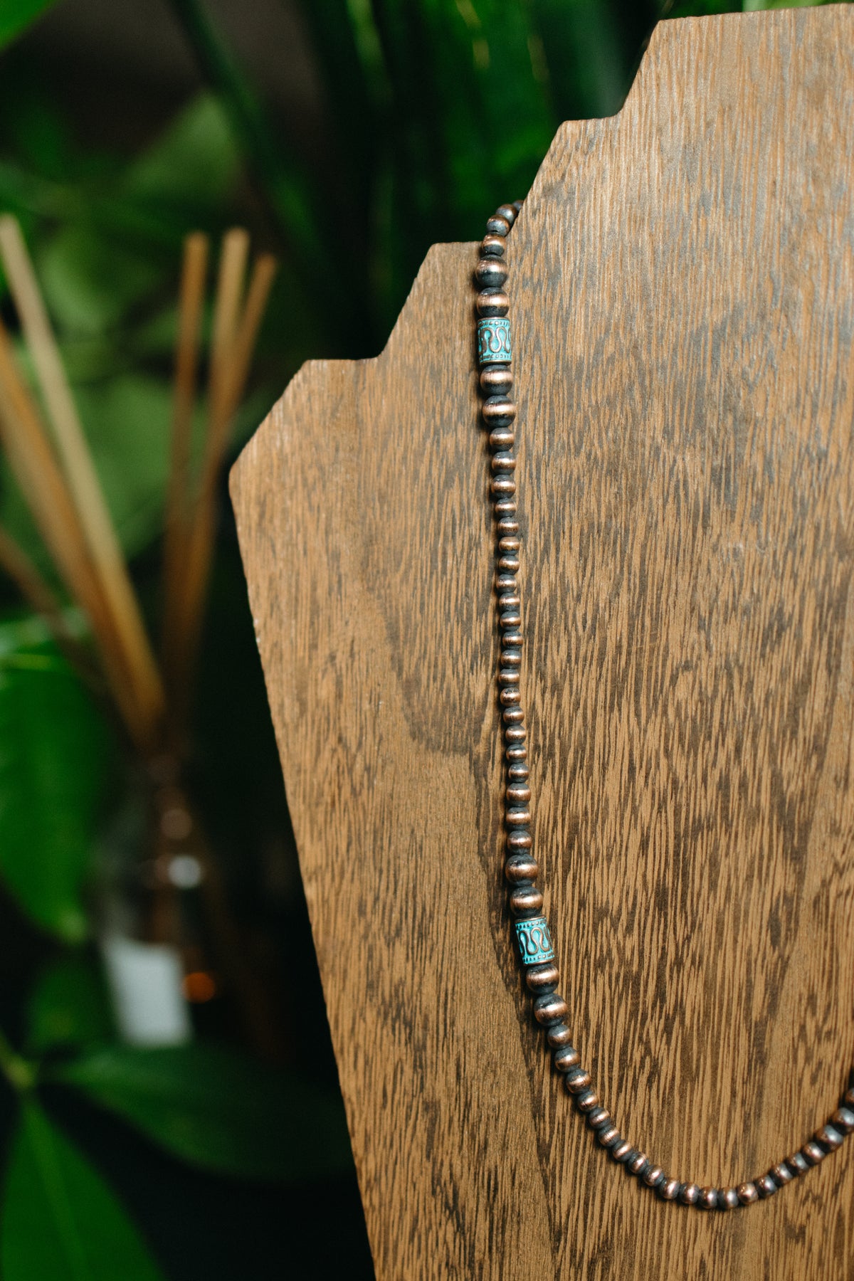 Copper Necklace with Patina Barrel Beads